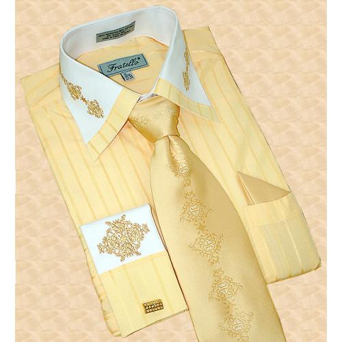 Fratello Canary Yellow/White With Embroidered Design & Stripes Shirt/Tie/Hanky Set FRS9302P2